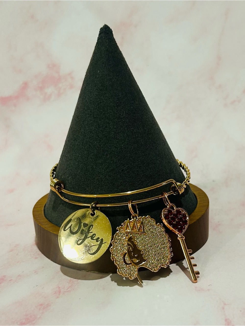Gold 'Wifey' Charm-Rose gold Bangle Bracelet w/ Afro Queen and Heart Key Charms